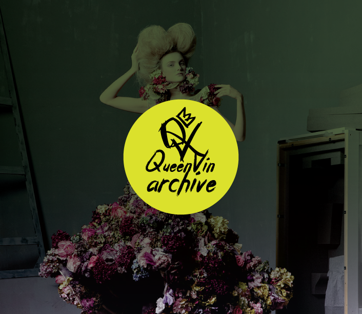 QueenVin Archive logo over a floral fashion photo