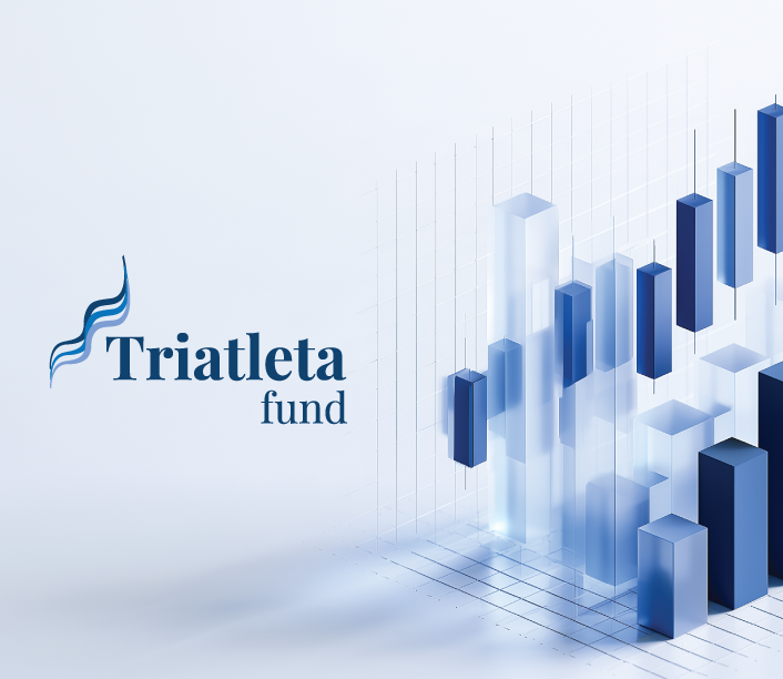 Triatleta Fund logo over a 3D candlestick chart illustration